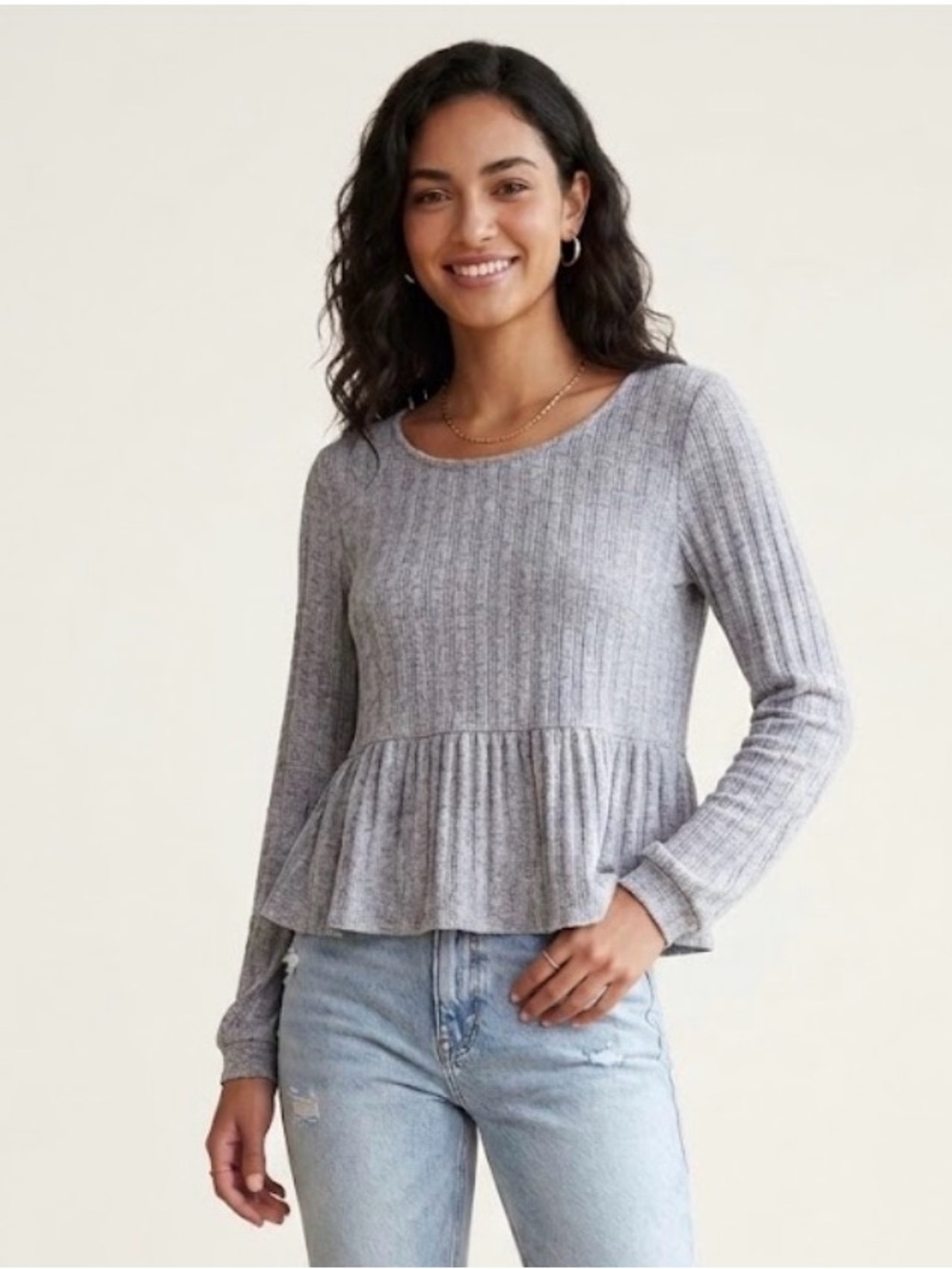 Rebel Society Grey Ribbed Long Sleeve Peplum Top